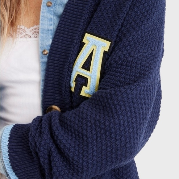 Aerie Oversized Varsity Cardigan in Navy Blue - Picture 4 of 16